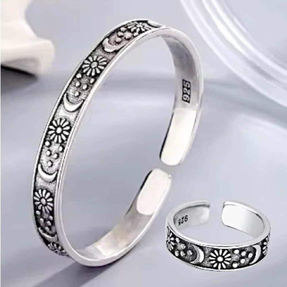 Sterling Silver Flower Moon Adjustable Cuff Bangle + Ring Set